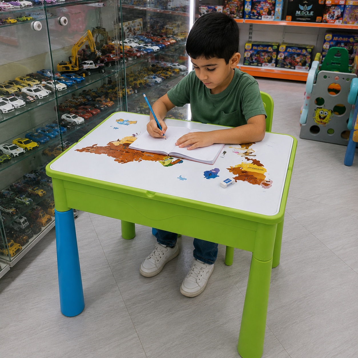 طاولة أطفال بلاستيكية بصندوق تخزين وسطح مطبوع – أخضر | Kids Table with Storage
