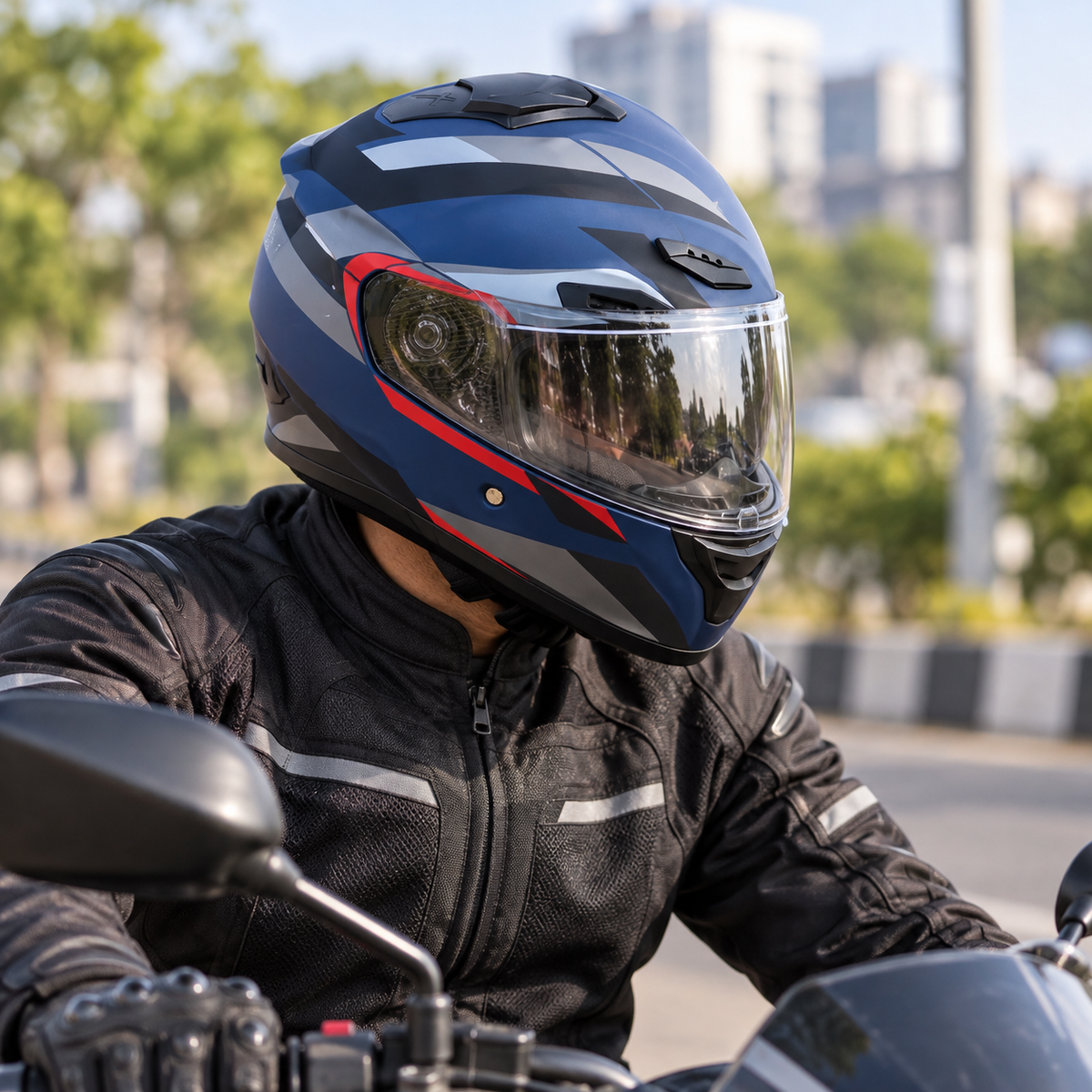 خوذة دراجة نارية 887 بزجاج واقٍ – أزرق وأحمر 887 Motorcycle Helmet with Visor