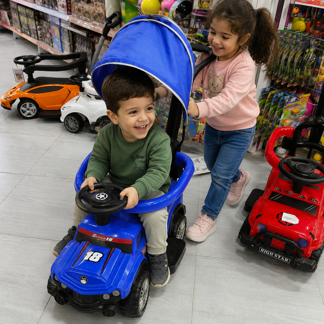 سيارة دفع للأطفال SUPER 18 بمظلّة ومقبض توجيه – أزرق | Push Car with Canopy