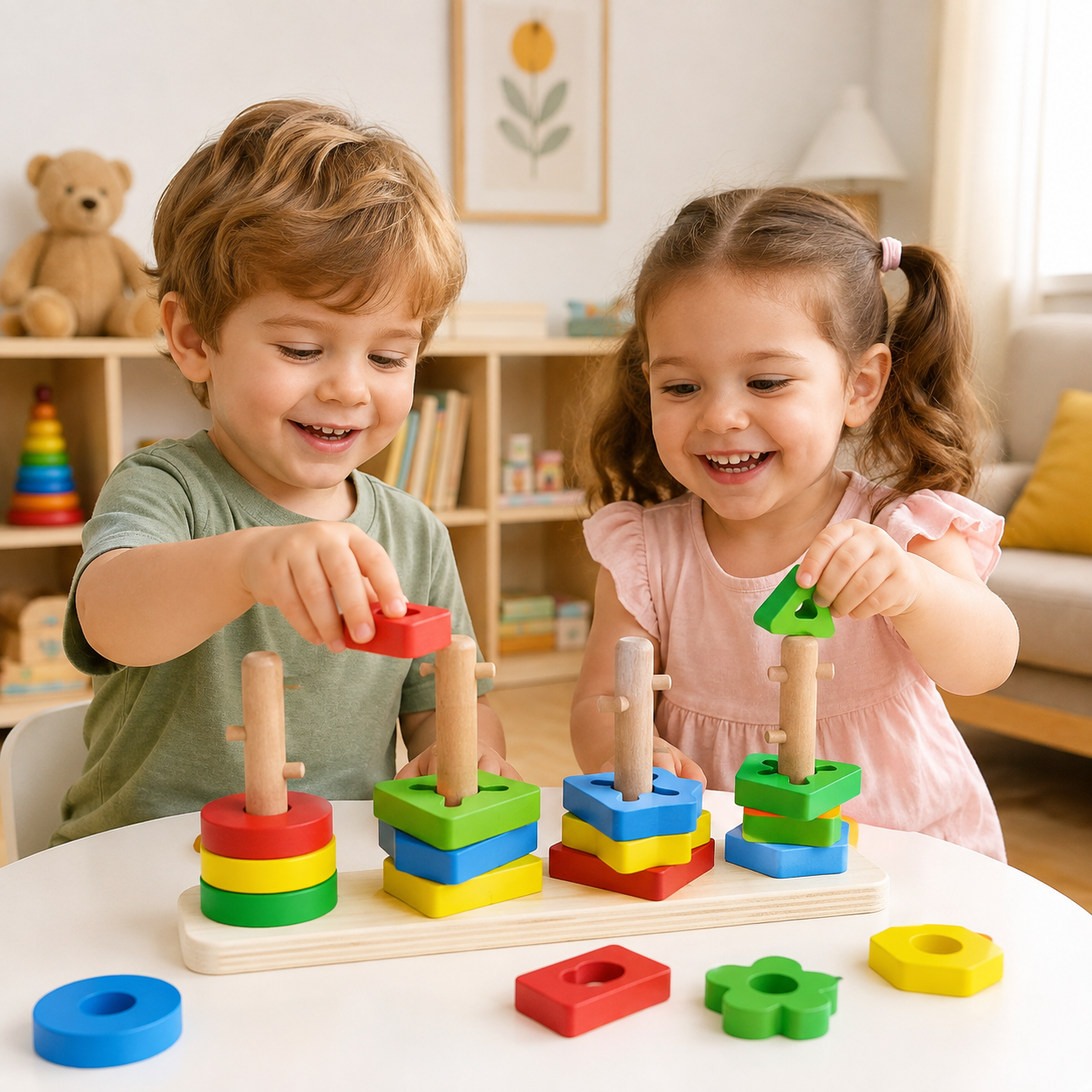 لعبة الأعمدة والأشكال الخشبية بأربع مجموعات | Unlock Four Sets of Columns Wooden Toy