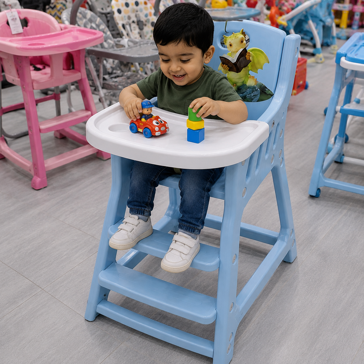 كرسي طعام بلاستيكي مرتفع للأطفال بصينية – أزرق | Kids Plastic High Chair