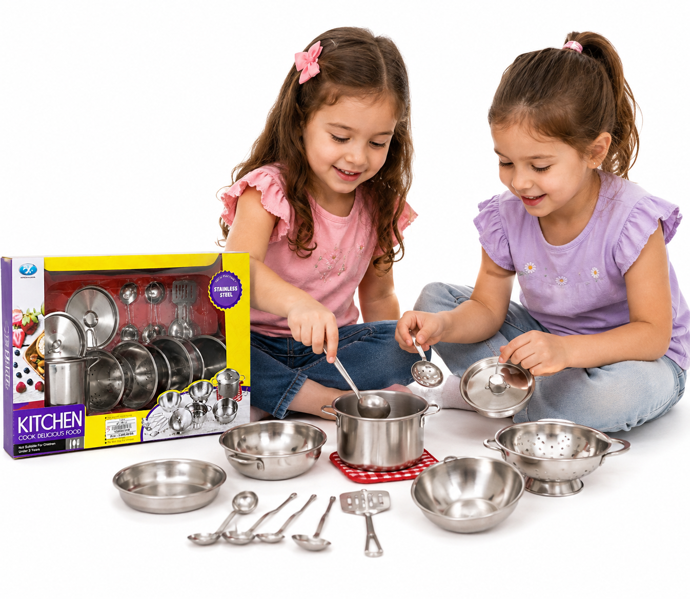 2) طقم أواني مطبخ للأطفال ستانلس ستيل | Stainless Steel Kitchen Play Set