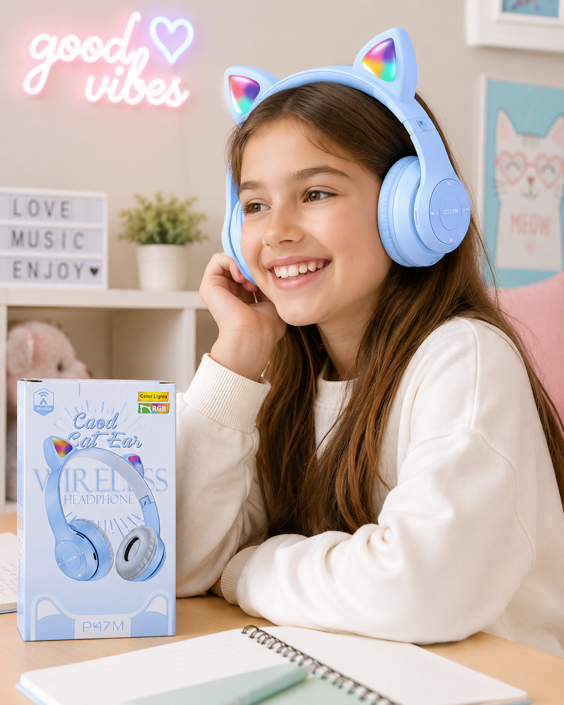 سماعة أذن قطة لاسلكية RGB موديل P47M | P47M Cat Ear Wireless Headphone RGB