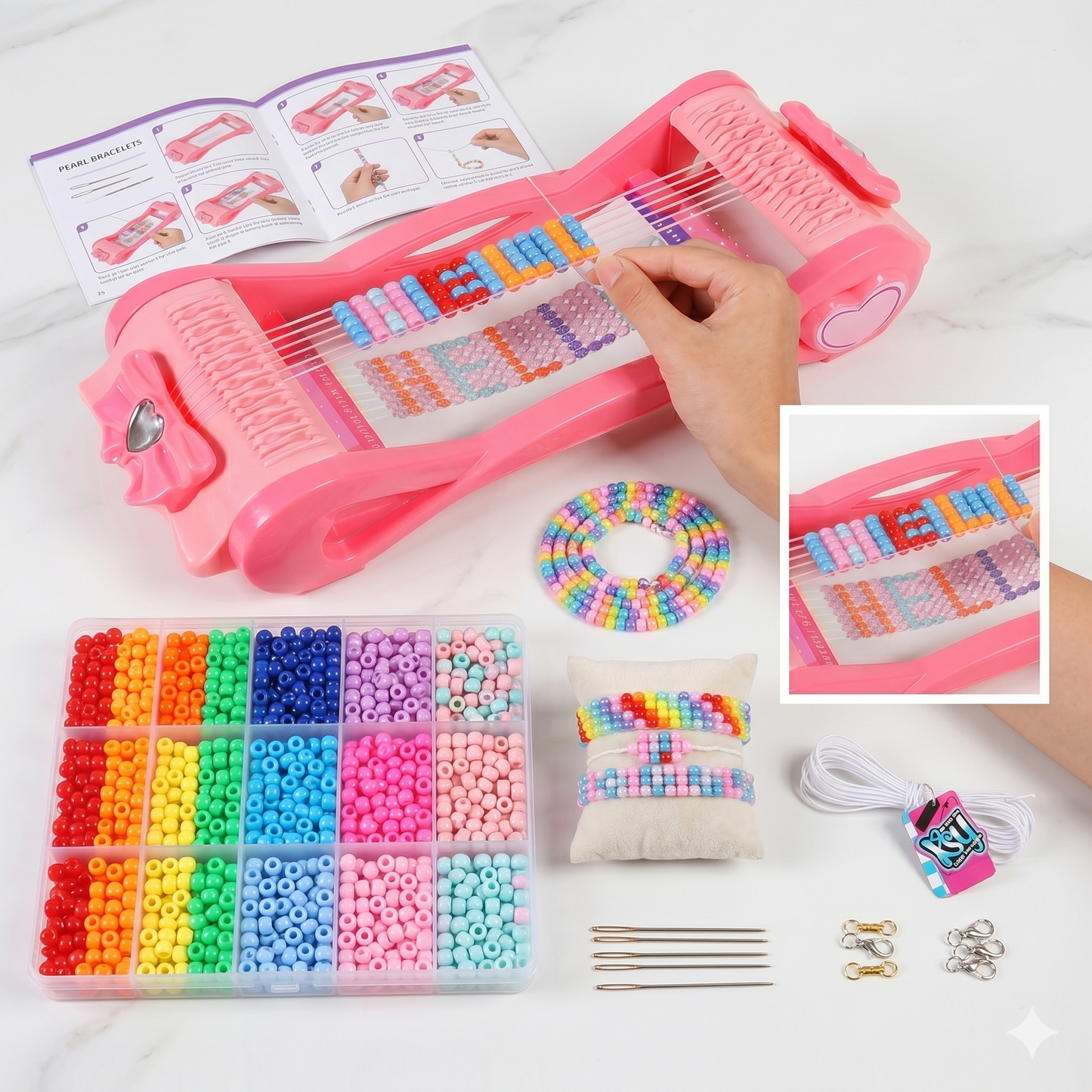 🎀 مجموعة آلة صنع أساور الخرز للبنات | DIY Pearl Bracelets Weaving Set ✨