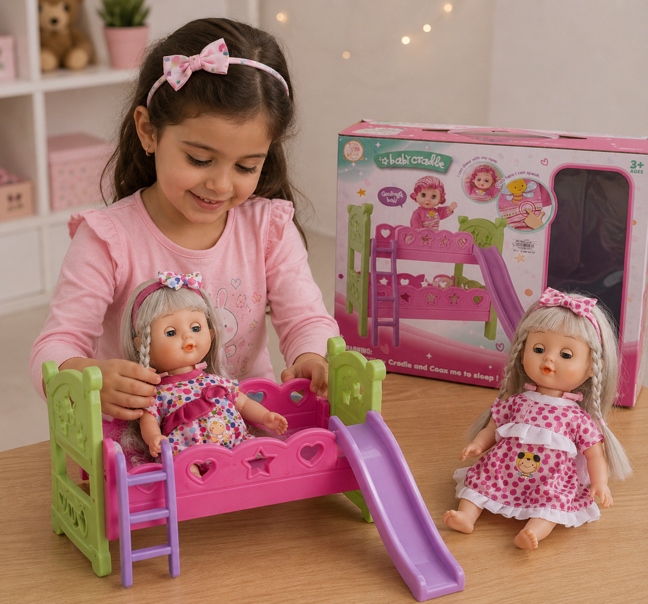 طقم دميتين للأطفال مع سرير بطابقين | My Cute Baby Doll Cradle Set