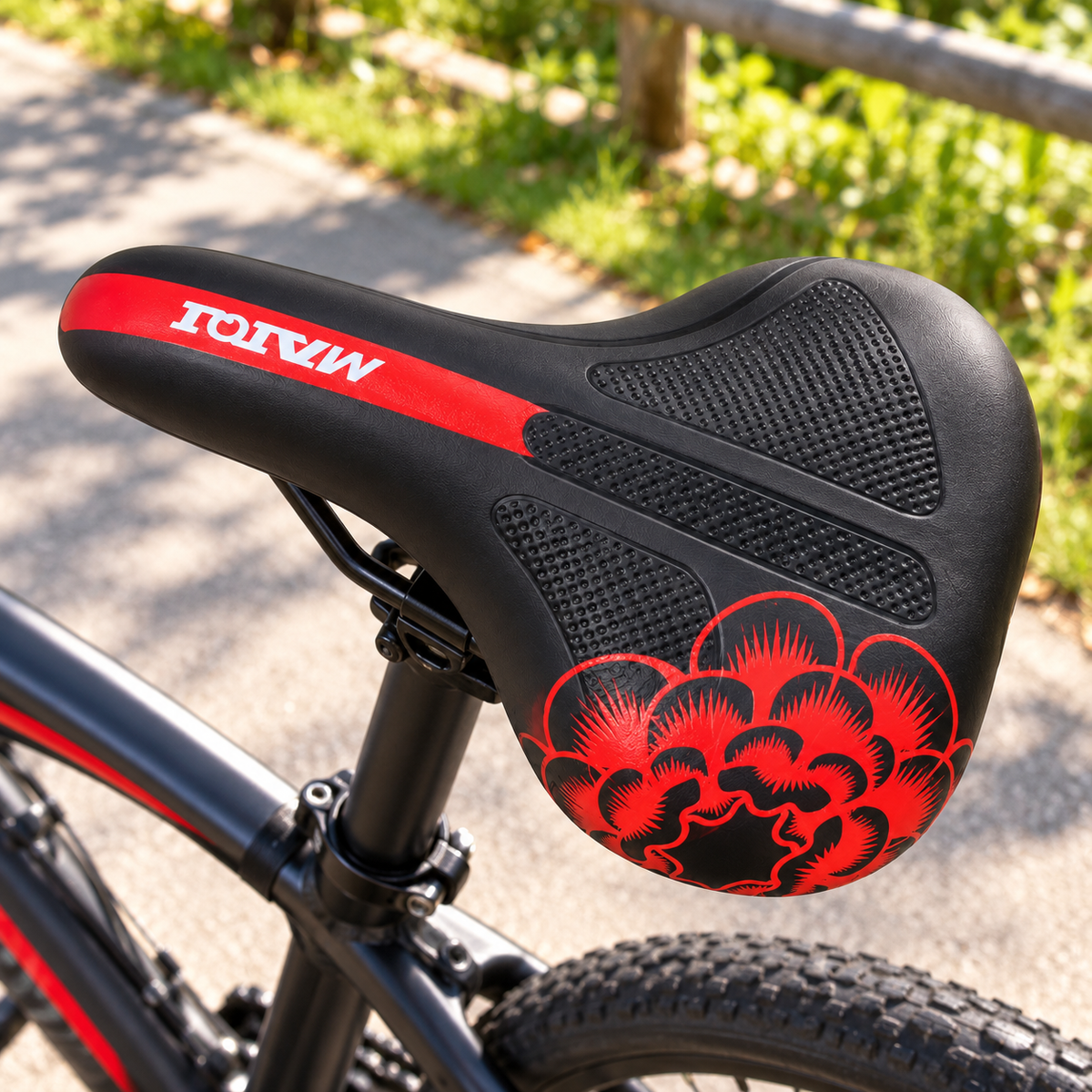 كرسي دراجة هوائية عريض بنقشة زهور – أسود وأحمر Wide Bicycle Saddle Black & Red Floral