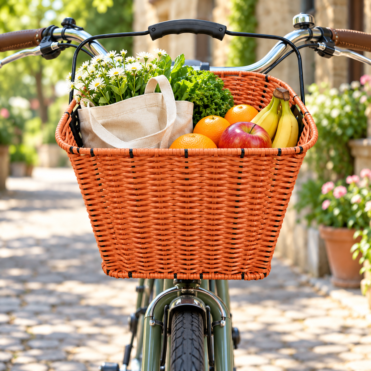سلة دراجة أمامية منسوجة بحامل تثبيت – بني | Woven Bicycle Front Basket with Bracket
