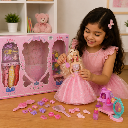 طقم دمية أميرة مع ملابس وإكسسوارات | Princess Doll Fashion Playset