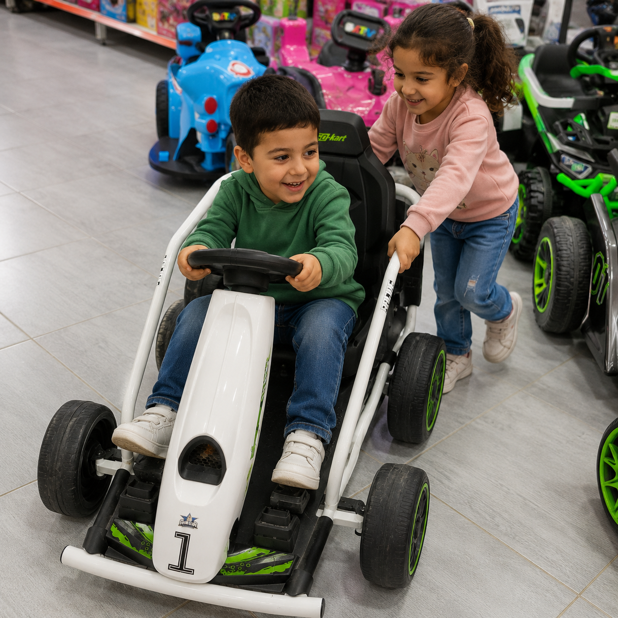 سيارة كارتينغ كهربائية للأطفال Go-Kart Drift – أبيض وأخضر | Electric Go-Kart