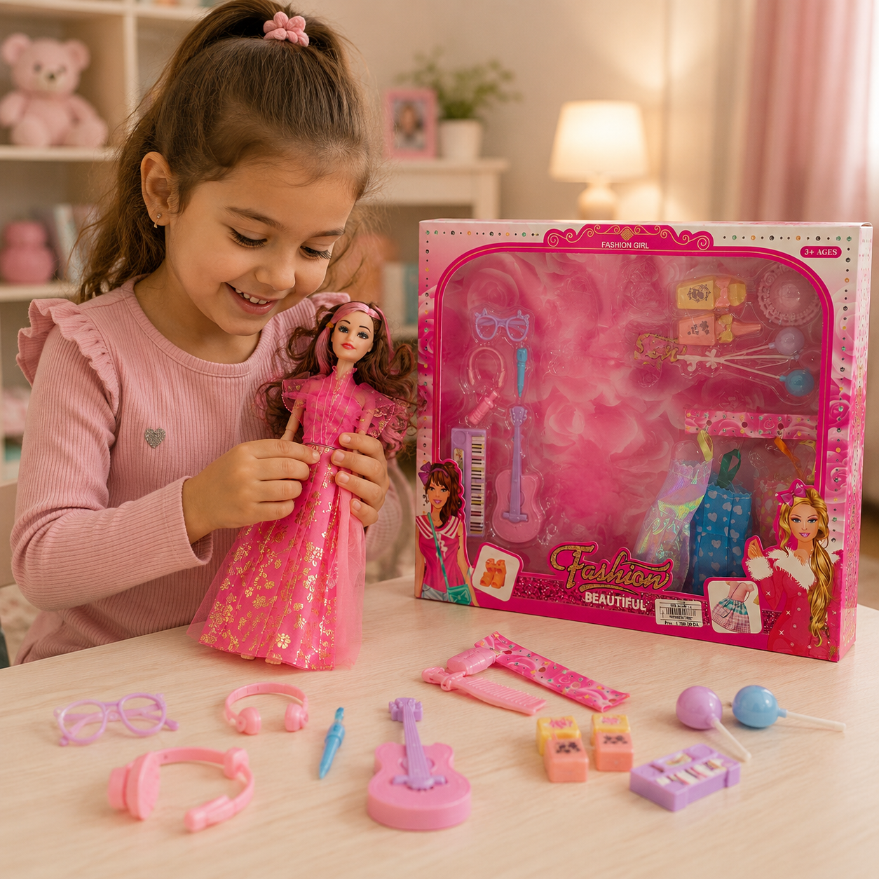 طقم دمية أزياء مع ملابس وإكسسوارات | Fashion Beautiful Doll Set