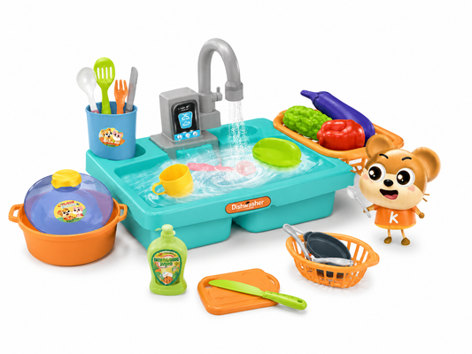حوض غسيل ألعاب كهربائي للأطفال 19 قطعة | Electric Dishwasher Kids Kitchen Sink Set