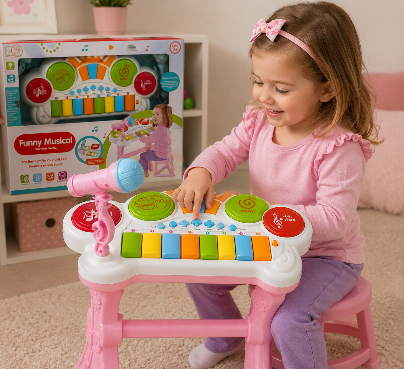 بيانو أطفال تعليمي مع ميكروفون وكرسي | Funny Musical Learning Keyboard with Microphone