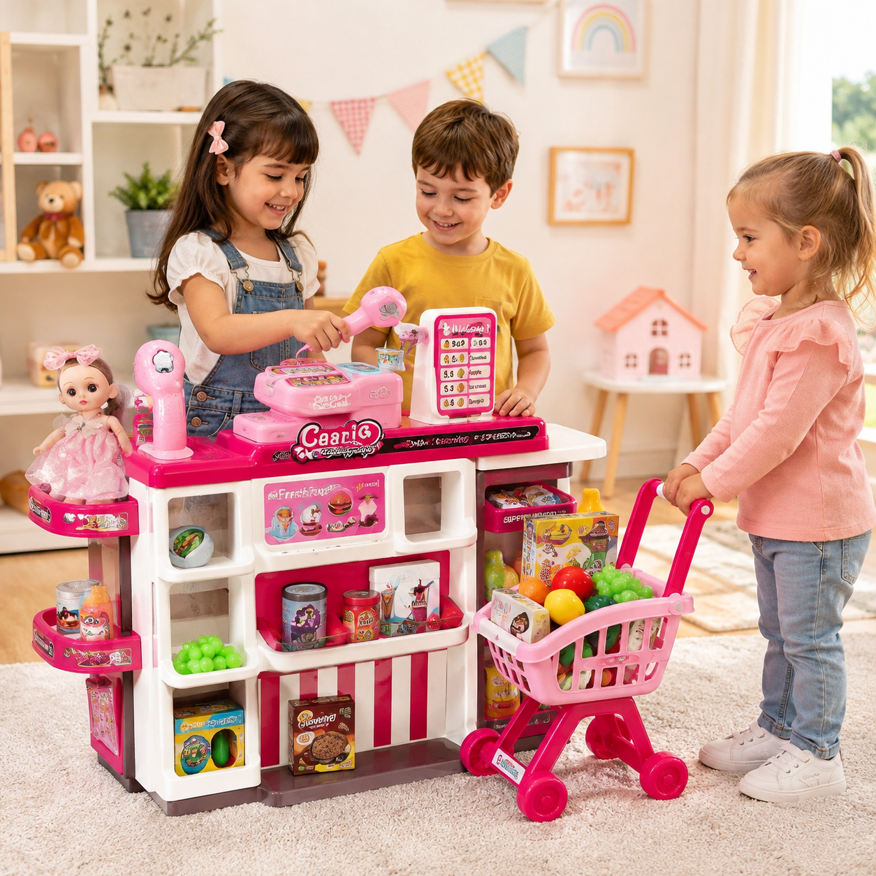 مجموعة التسوق والكاشير مع دمية | Shopping Cashier Play Set with Doll