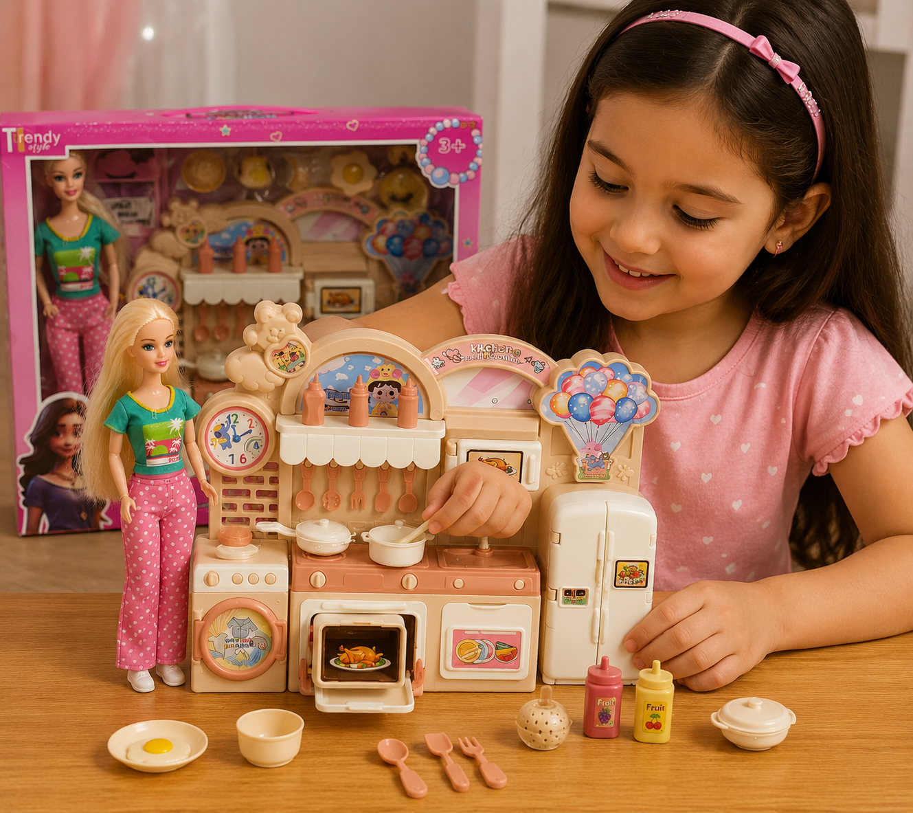 طقم دمية مع مطبخ ألعاب | Beauty Girl Fashion Doll Kitchen Set