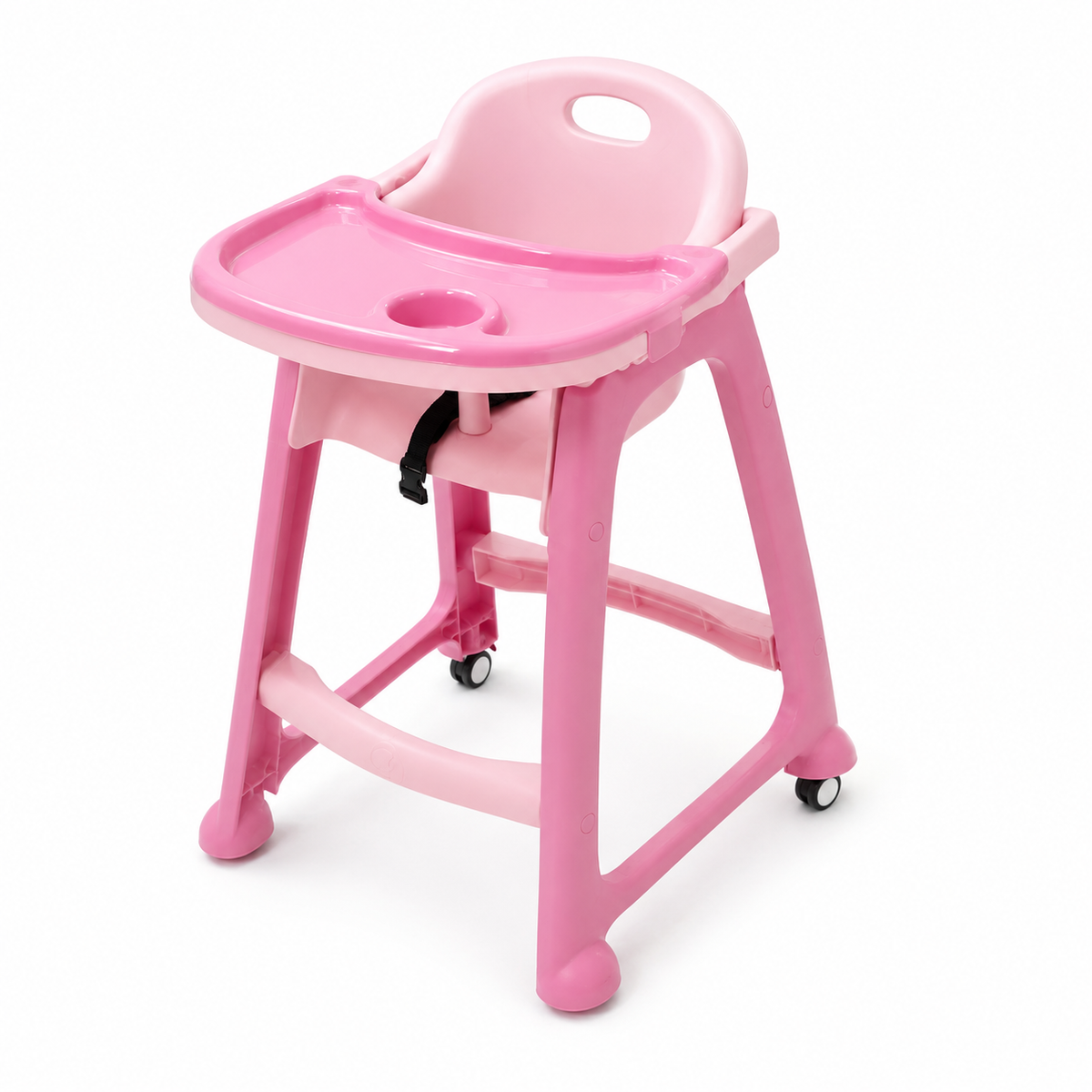 كرسي طعام بلاستيكي للأطفال بصينية وعجلات – وردي | Kids Plastic High Chair
