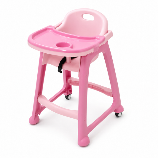 كرسي طعام بلاستيكي للأطفال بصينية وعجلات – وردي | Kids Plastic High Chair