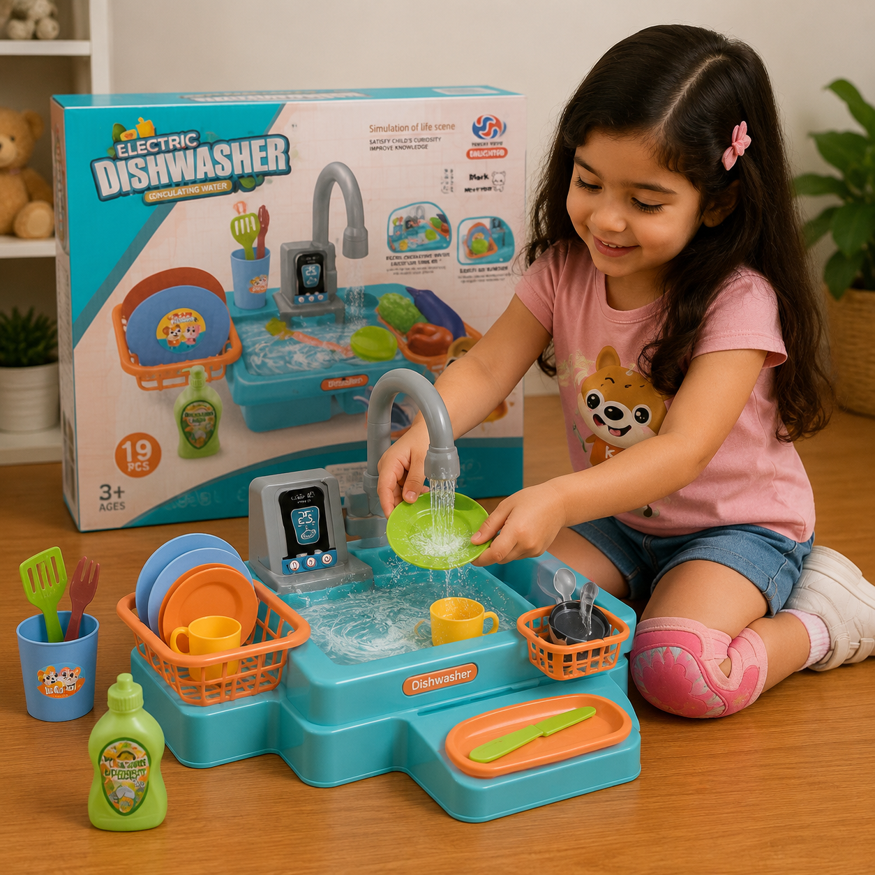 حوض غسيل ألعاب كهربائي للأطفال 19 قطعة | Electric Dishwasher Kids Kitchen Sink Set