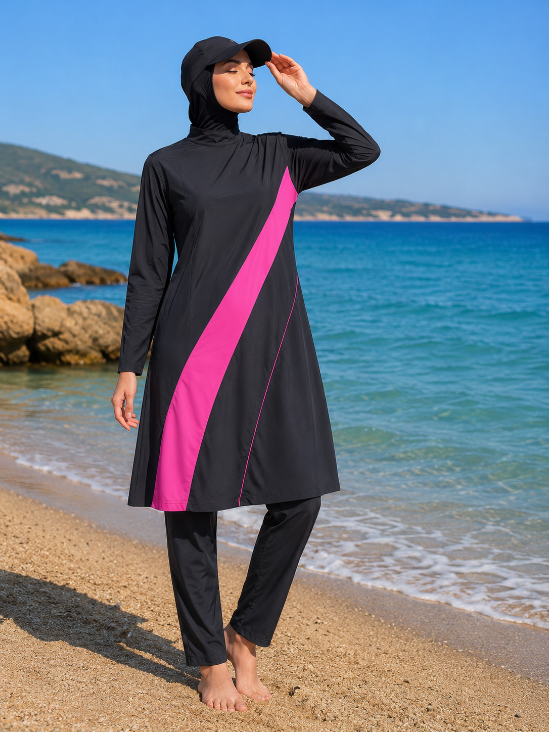 بدلة سباحة محتشمة نسائية مع قبعة – مقاس L | Modest Women Swimwear Set with Cap