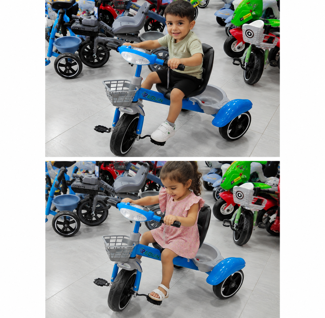 دراجة أطفال ثلاثية العجلات REQUIN بالسلة والضوء – أزرق | Kids Tricycle