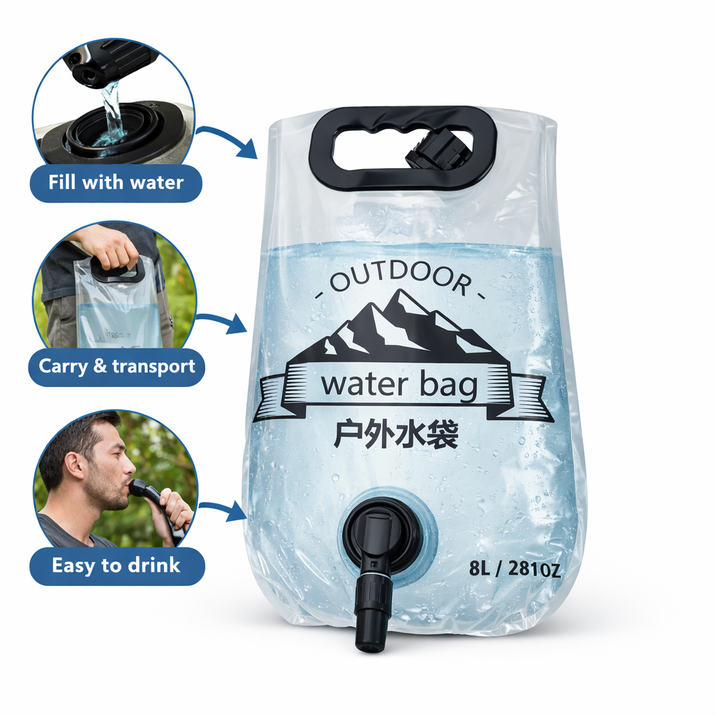 • حقيبة ماء خارجية 8 لتر – Outdoor Water Bag 8L خيار عملي ومميز لحمل الماء بسهولة أثناء التخييم، السفر، والرحلات الخارجية