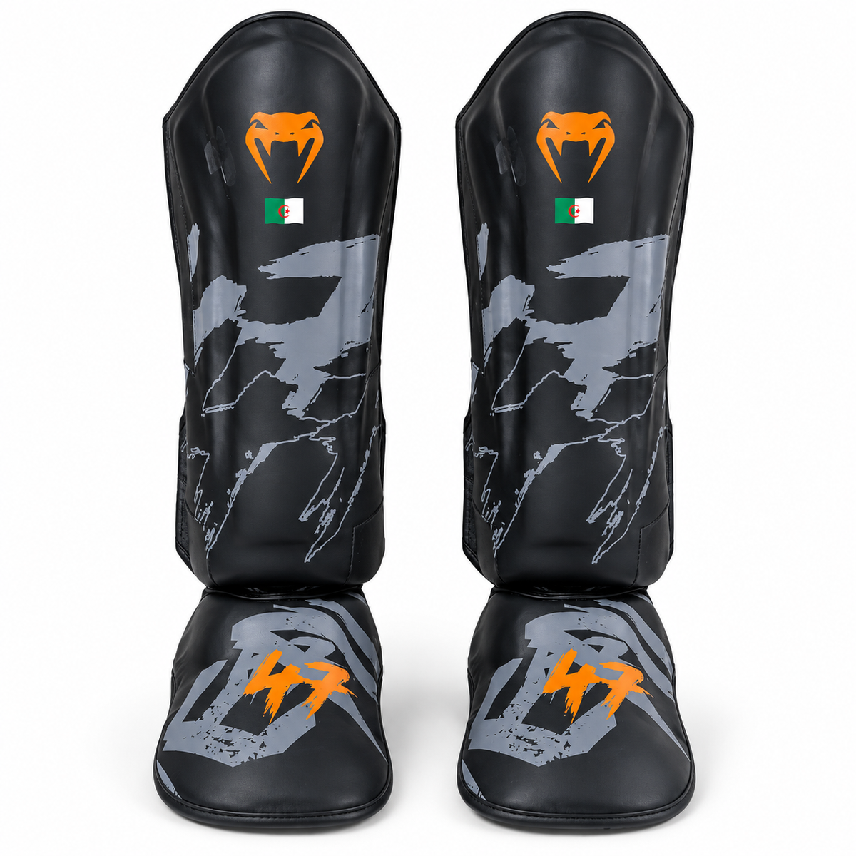 واقي ساق وقدم Venum – أسود × برتقالي بعلم الجزائر | Venum Shin Guards Black & Orange
