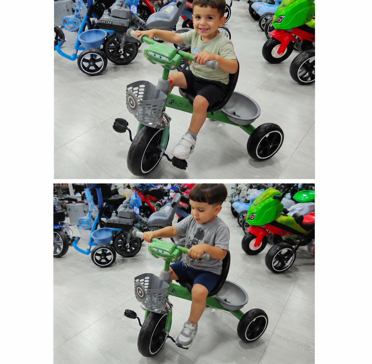 دراجة أطفال ثلاثية العجلات REQUIN بالسلة والضوء – أخضر | Kids Tricycle