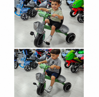 دراجة أطفال ثلاثية العجلات REQUIN بالسلة والضوء – أخضر | Kids Tricycle