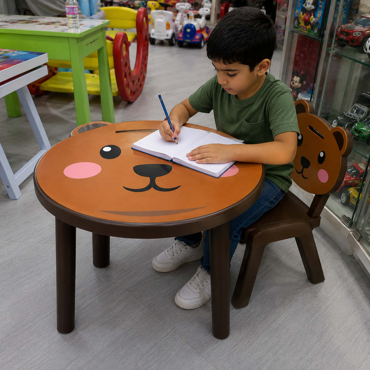 طاولة أطفال بلاستيكية دائرية بوجه دبّ مع كرسي – بنّي | Kids Round Table & Chair