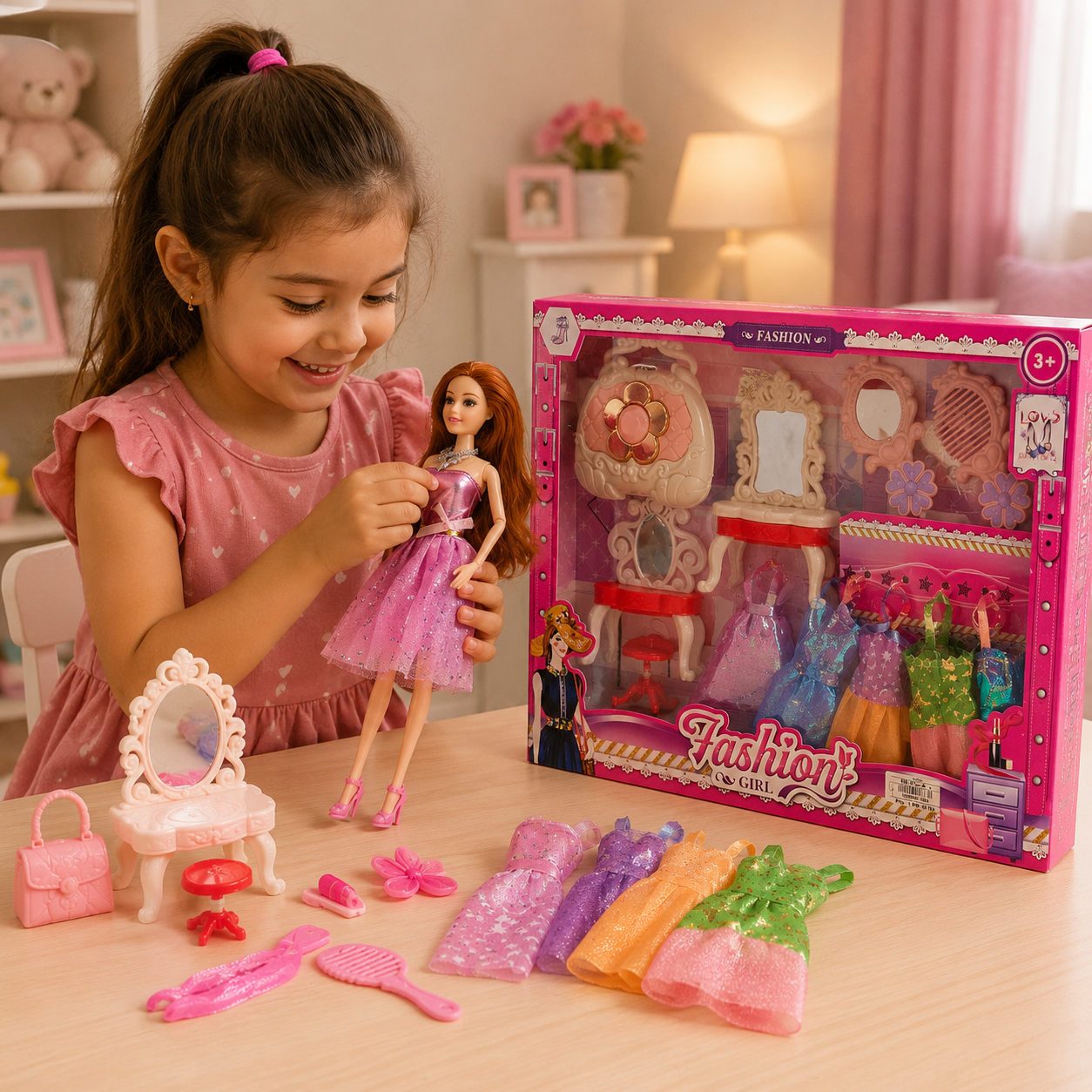 طقم دمية أزياء مع غرفة تبديل الملابس | Fashion Girl Dress-Up Doll Set