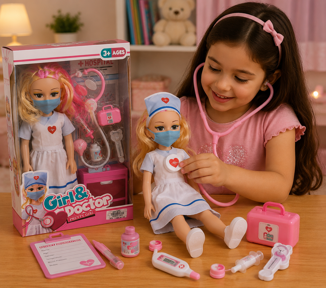 طقم دمية طبيبة مع إكسسوارات | Girl Doctor Doll Medical Playset