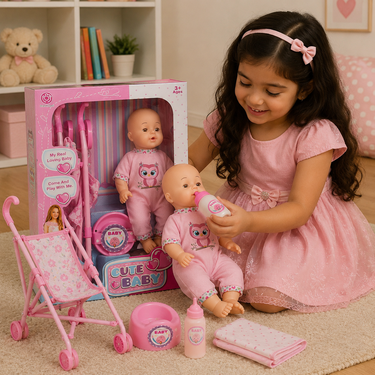 دمية طفل مع عربة | Cute Baby Doll with Stroller Playset