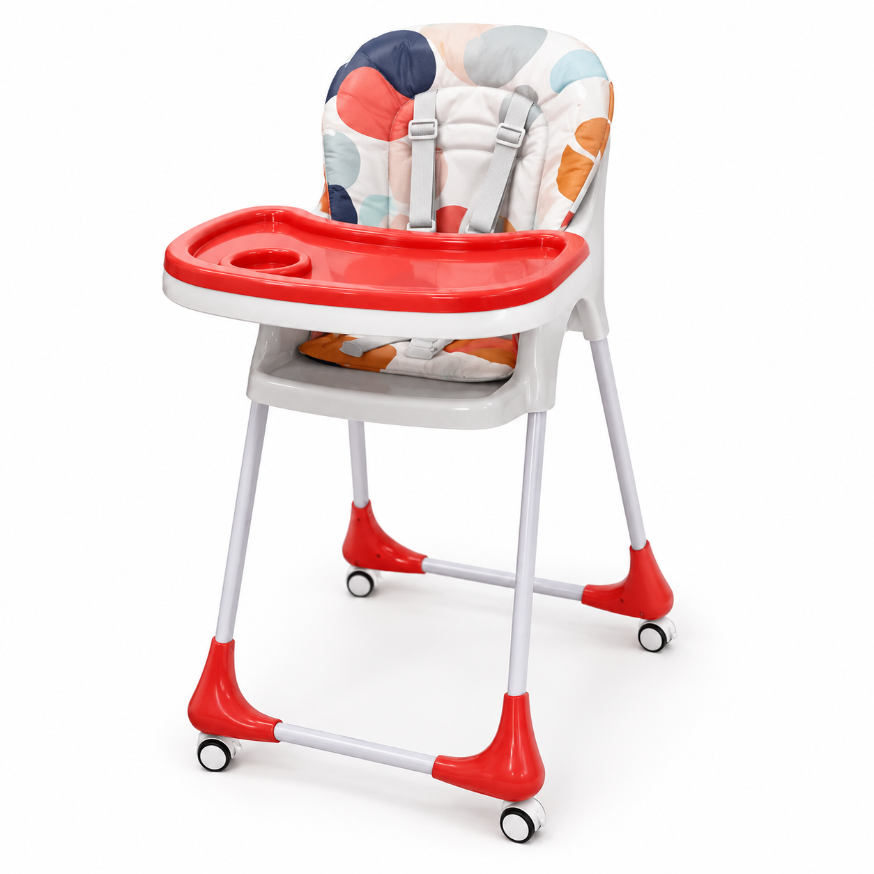 كرسي طعام للأطفال بصينية حمراء وعجلات قابل للطي | Baby High Chair