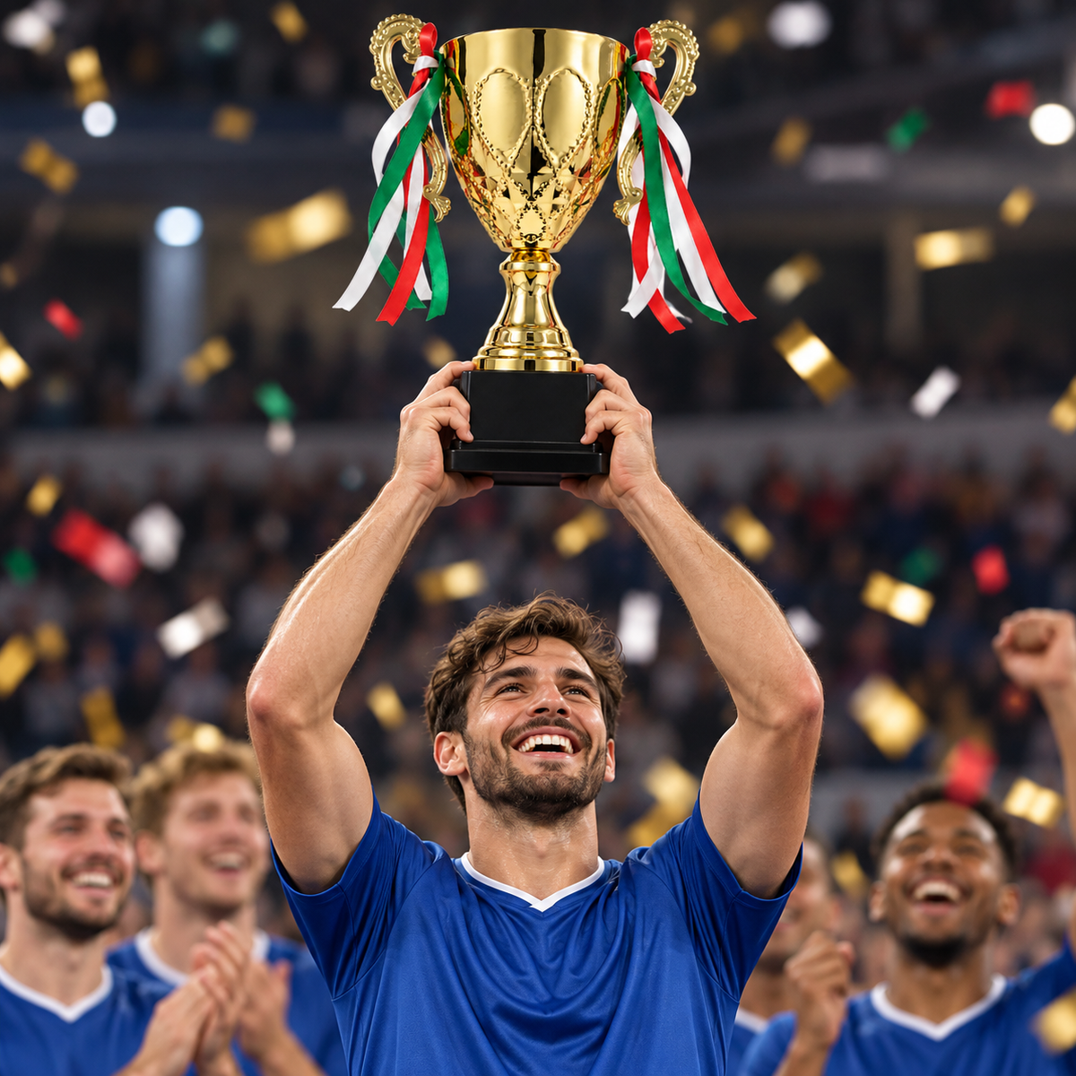 كأس بطولة ذهبي بأشرطة ملونة | Golden Championship Trophy Cup with Ribbons