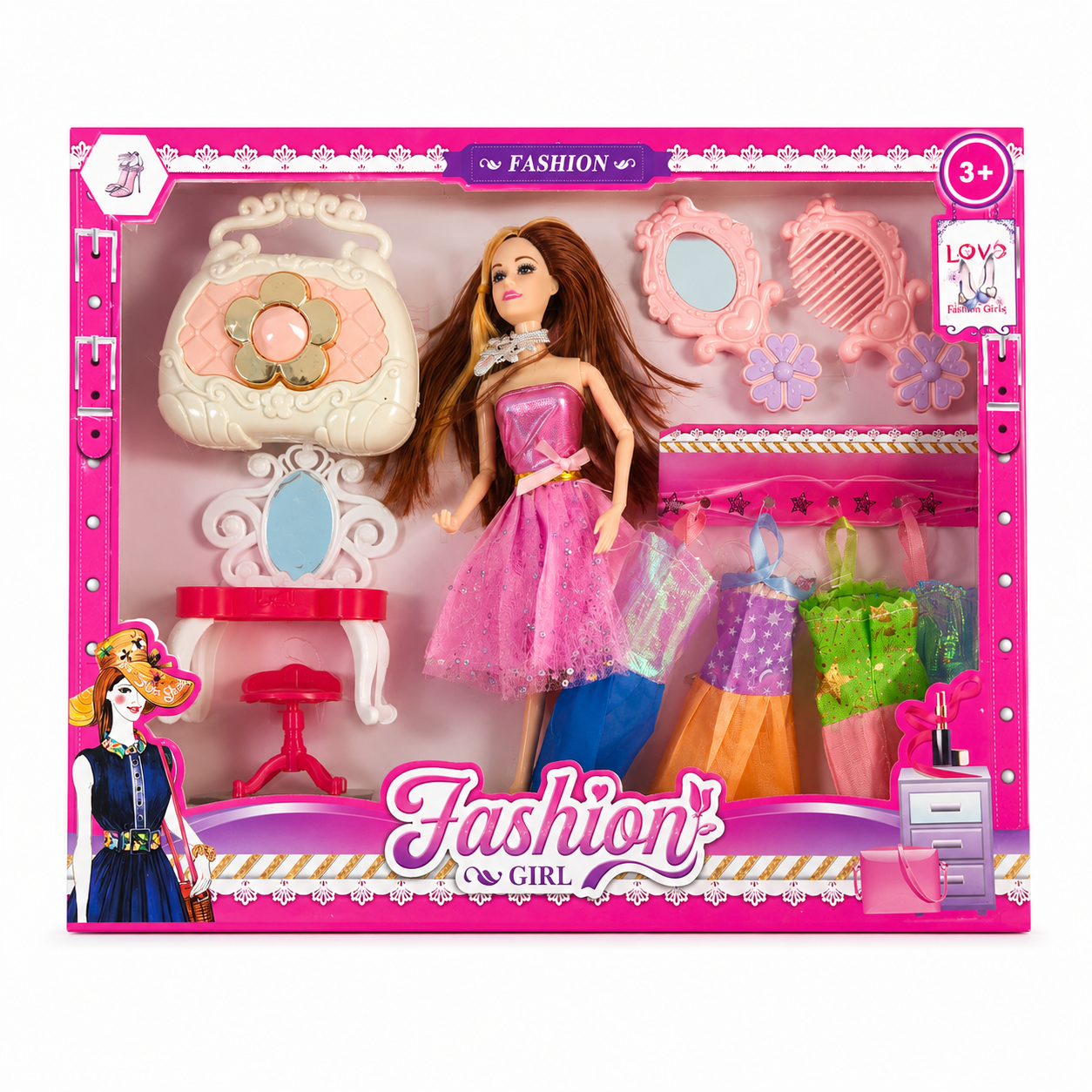 طقم دمية أزياء مع غرفة تبديل الملابس | Fashion Girl Dress-Up Doll Set