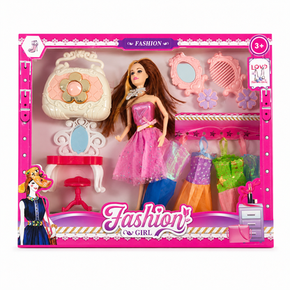 طقم دمية أزياء مع غرفة تبديل الملابس | Fashion Girl Dress-Up Doll Set