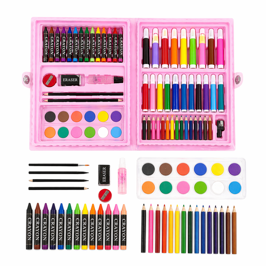 حقيبة رسم وتلوين للأطفال – Kids Art Set in Pink Case مجموعة فنية متكاملة تمنح الأطفال تجربة ممتعة في الرسم، التلوين، والإبداع كل يوم
