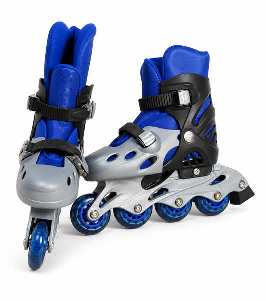 **حذاء تزلج خطي للأطفال باللون الأزرق والرمادي مع أحزمة تثبيت | Blue & Grey Kids Inline Roller Skates with Safety Buckles**