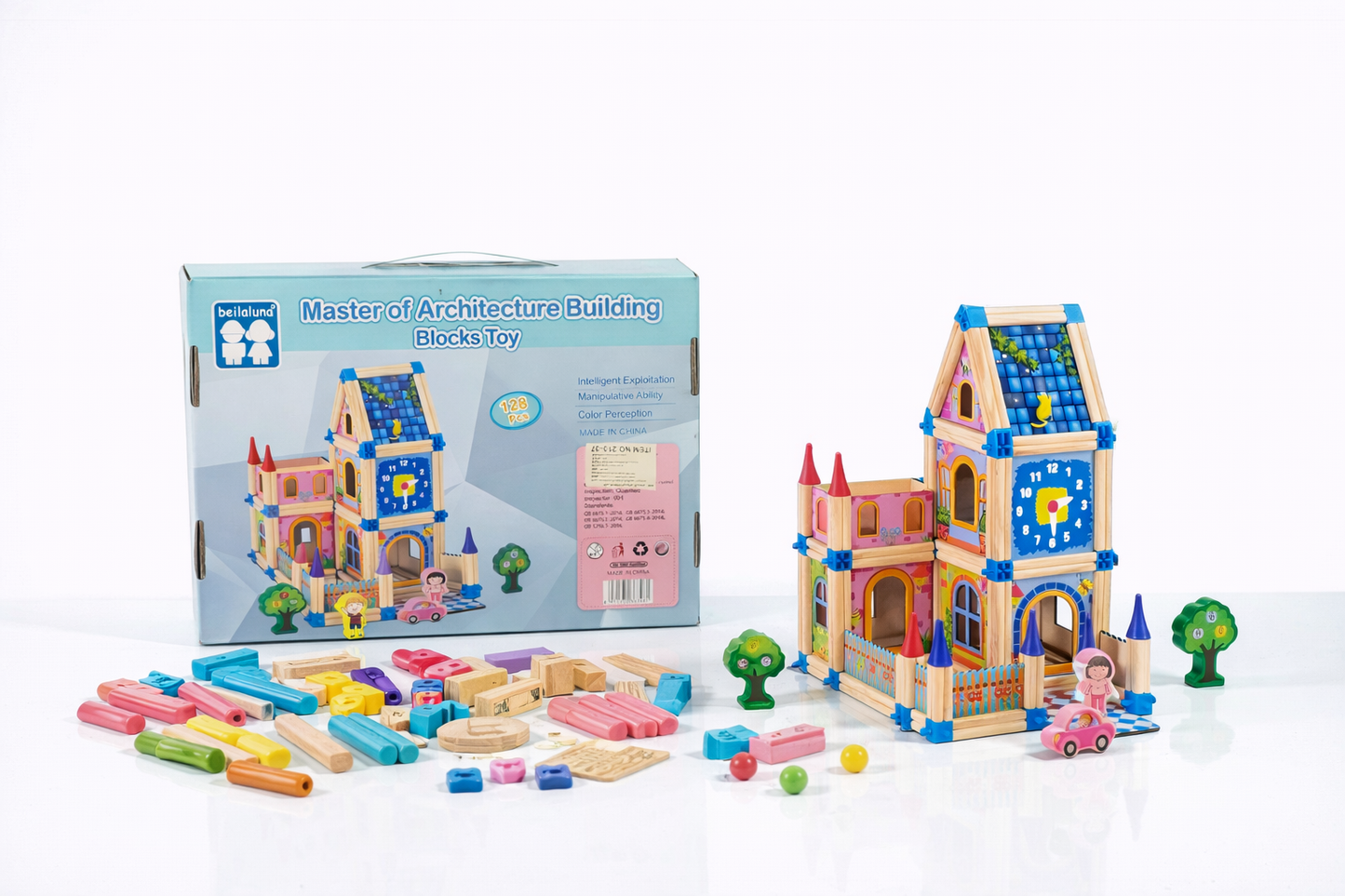 مكعبات بناء القصر الخشبي للأطفال 128 قطعة – Wooden Castle Building Blocks 128 PCS