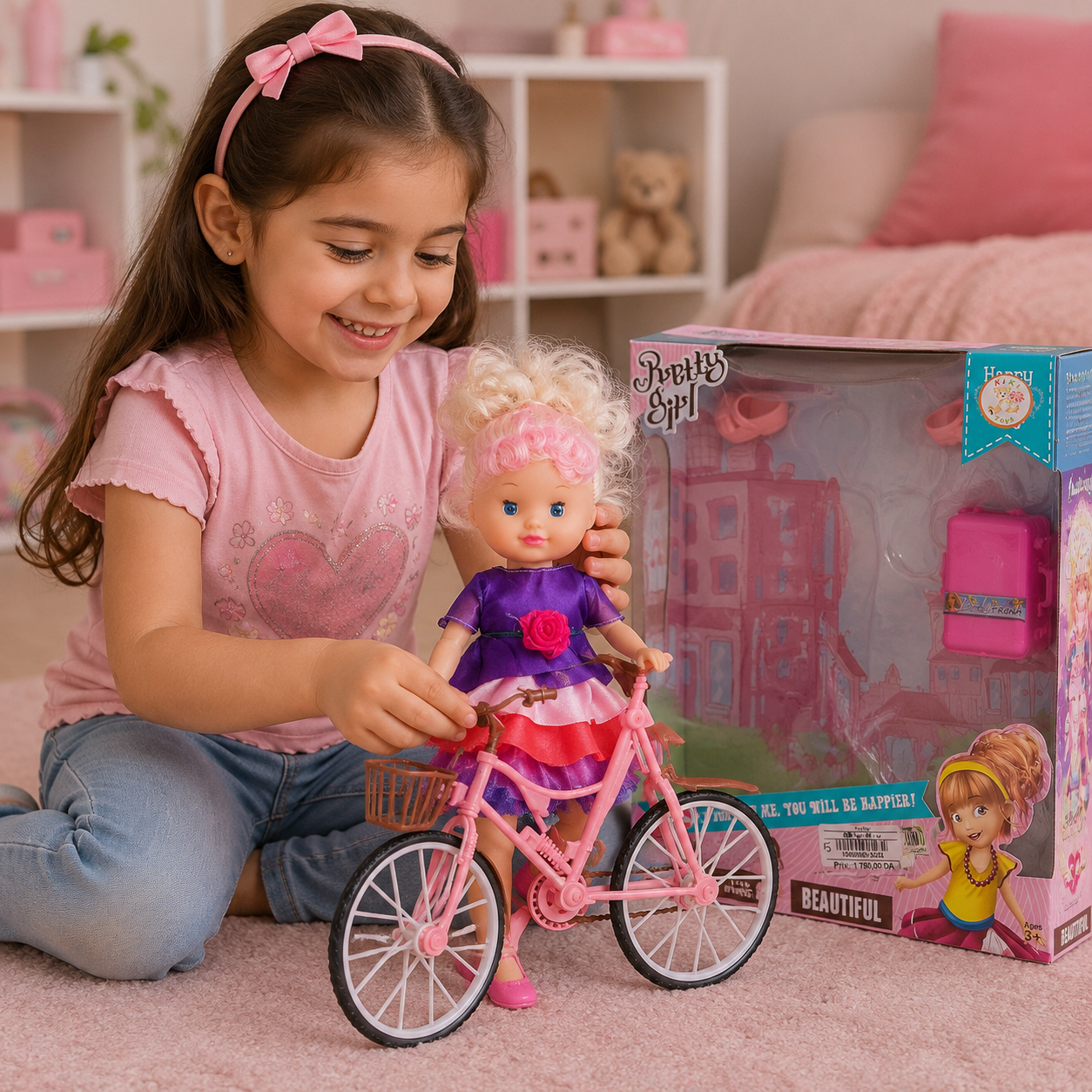طقم دمية مع دراجة هوائية وإكسسوارات | Pretty Girl Doll with Bicycle Set