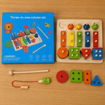 🧩 لعبة تعليمية خشبية 3 في 1 | Three-in-One Wooden Learning Set