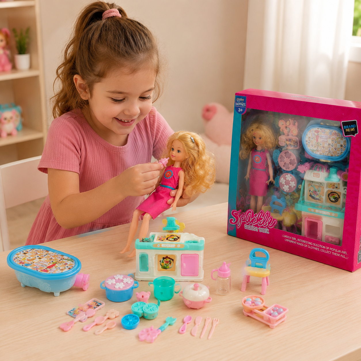 طقم دمية مع مطبخ وإكسسوارات | Sparkle Fashion Week Doll Kitchen Set