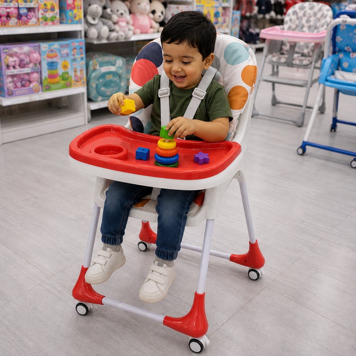 كرسي طعام للأطفال بصينية حمراء وعجلات قابل للطي | Baby High Chair