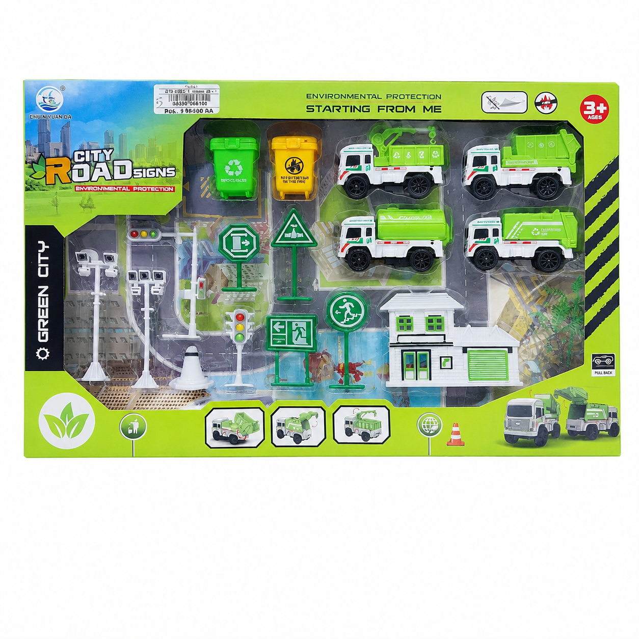 مجموعة إشارات المدينة الخضراء وشاحنات النظافة | City Road Signs Green City Set