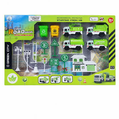 مجموعة إشارات المدينة الخضراء وشاحنات النظافة | City Road Signs Green City Set