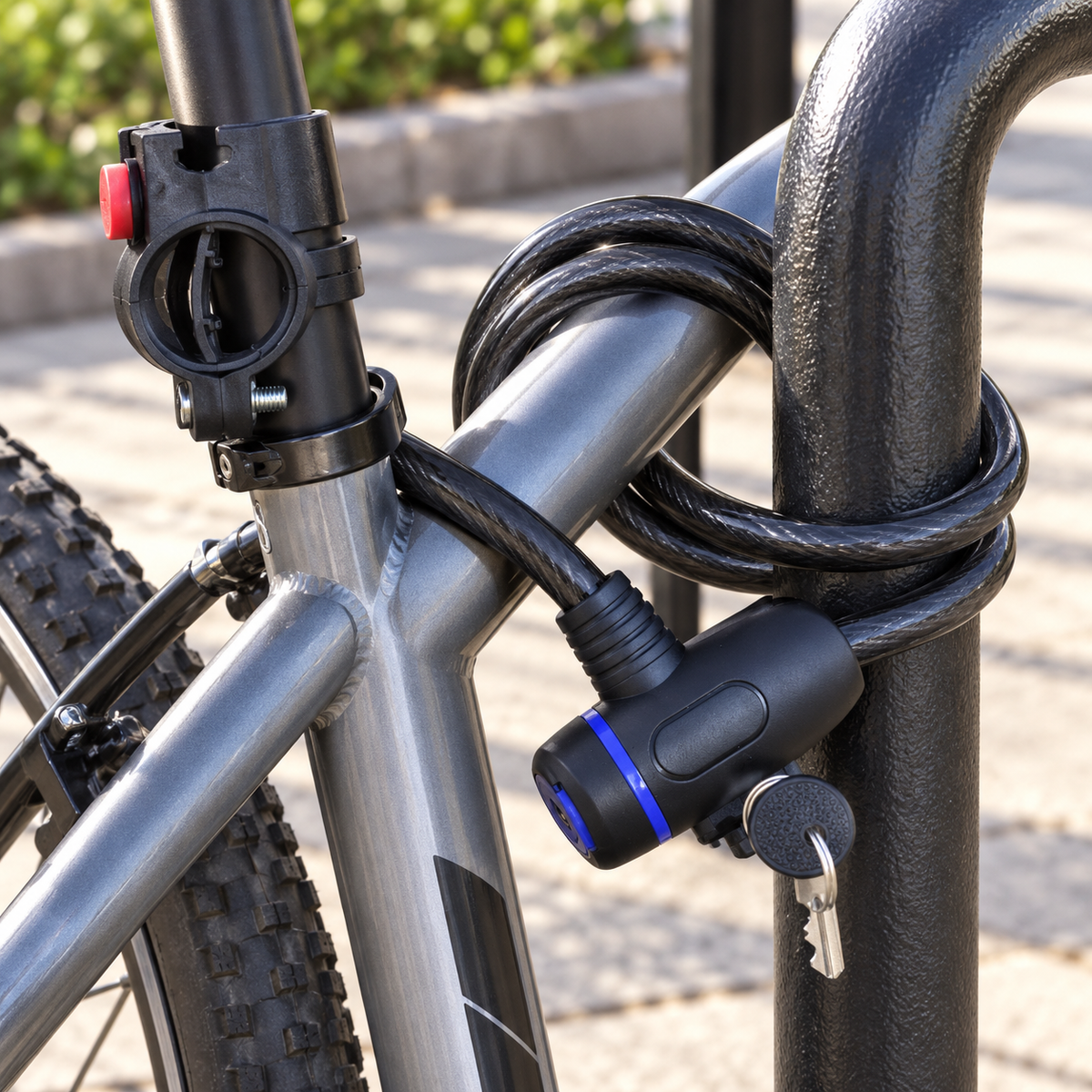 قفل دراجة بكابل حلزوني أسود مع حامل تثبيت Black Coiled Cable Bike Lock with Bracket