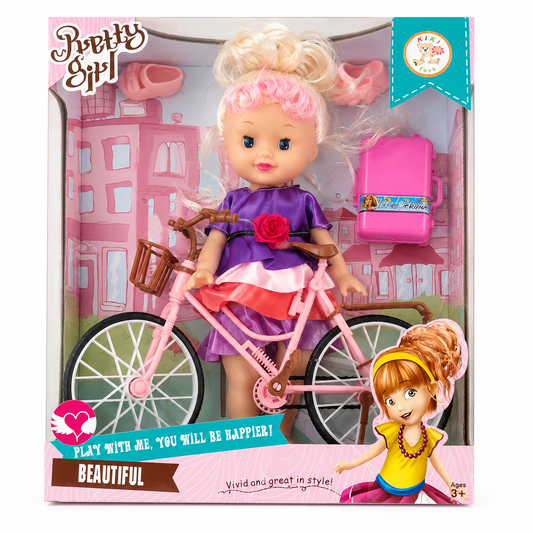 طقم دمية مع دراجة هوائية وإكسسوارات | Pretty Girl Doll with Bicycle Set