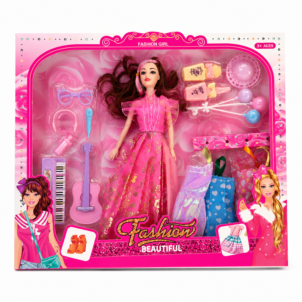 طقم دمية أزياء مع ملابس وإكسسوارات | Fashion Beautiful Doll Set