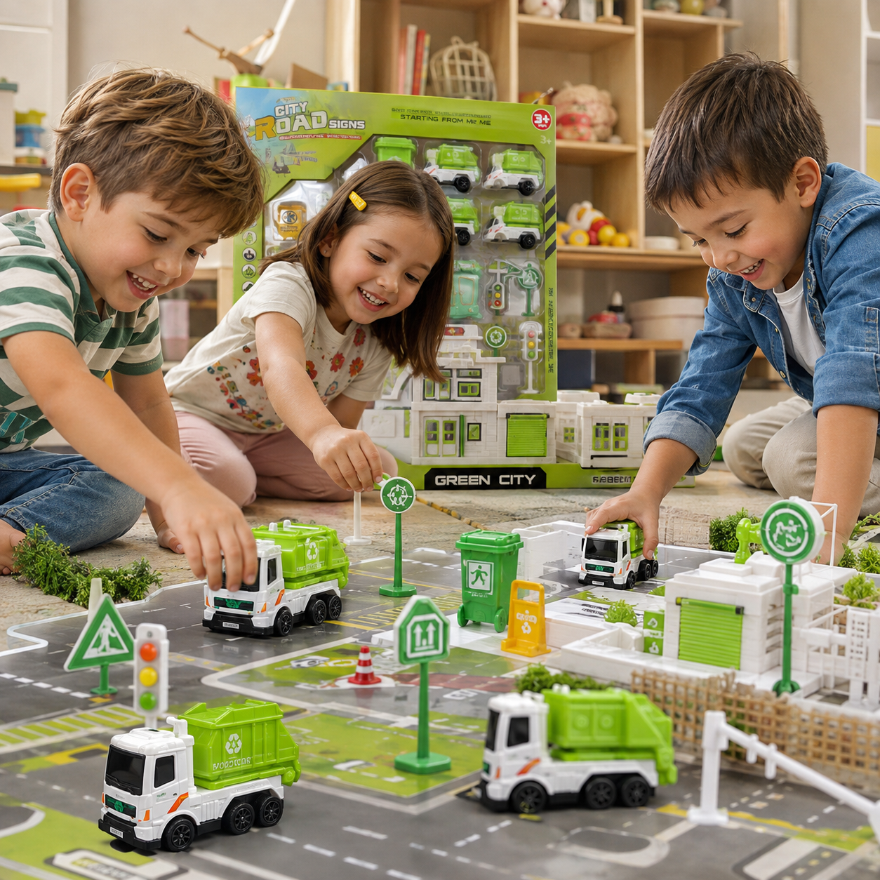 مجموعة إشارات المدينة الخضراء وشاحنات النظافة | City Road Signs Green City Set