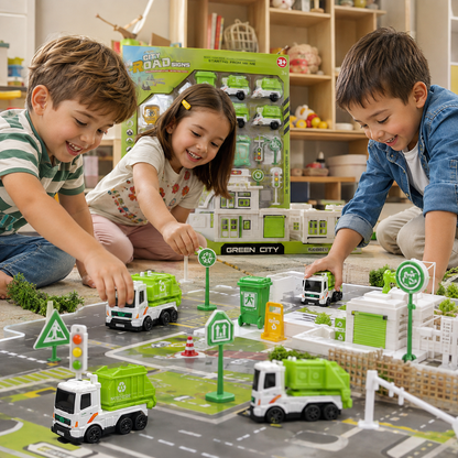 مجموعة إشارات المدينة الخضراء وشاحنات النظافة | City Road Signs Green City Set