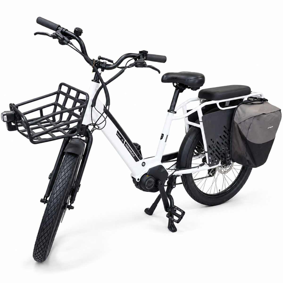 دراجة كهربائية Nakamura Crosscity+ بسلة أمامية وحامل خلفي – أبيض | Nakamura Crosscity+ Cargo E-Bike